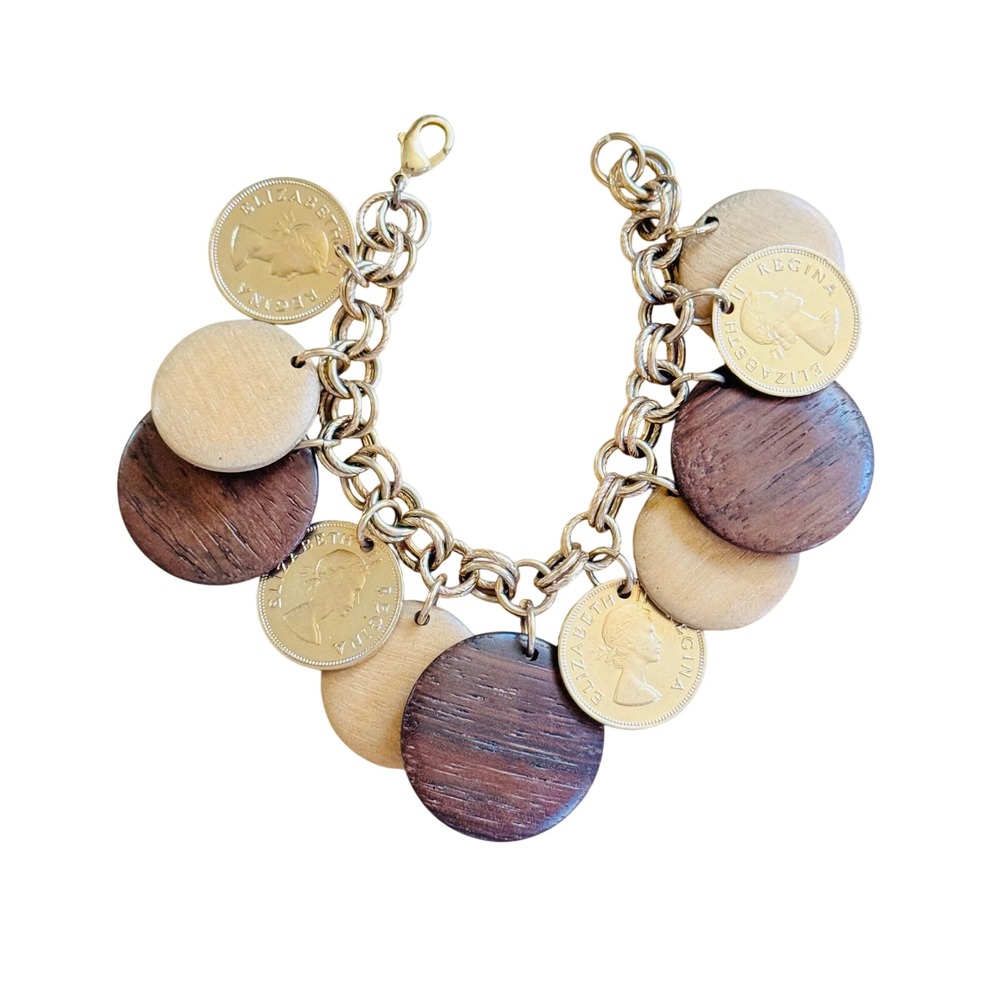 VTG Charm Bracelet Bold Queen Elizabeth II Coin Statement Dangle Wood Chunky 60s